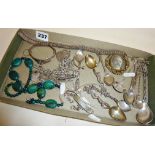 Tray of assorted silver and other jewellery inc. silver fob chain, silver plated souvenir spoons,