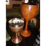 Turned wood goblet and Arts & Crafts wooden goblet with copper stem and rim