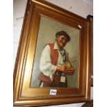 S.Maresca oil on canvas of a jovial man with two wine bottles