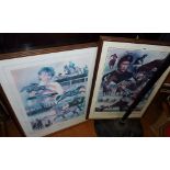 Signed colour prints by Michael Heslop of Lester Piggott and John Francome