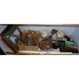 Shelf of assorted items including long Victorian glass rolling ruler, a horse bit, etc.
