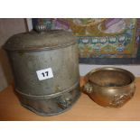 Chinese incised pewter food warmer and bronze censer with applied dragons etc.