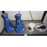 Pair Bisto, England (Bishop & Stonier) blue and white bottle vases and two pieces of Gaudy Welsh
