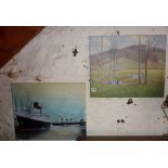 Unframed oil on canvas landscape by F. Cook dated 1930, and an oil on canvas of the SS Queen
