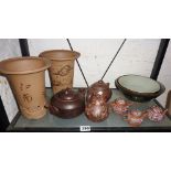 Chinese Yixing pottery plant pots, six teapots and two bowls