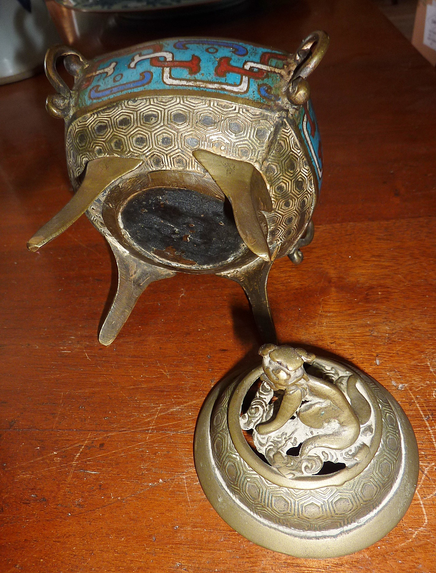 A Chinese bronze Qing period bronze and cloisonne censer with dog finial to lid, approx 15cm high - Image 2 of 2