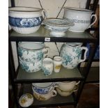 Seven various chamber pots, inc. flo blue, a water jug and soap dishes