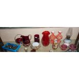 Vintage and older glass (shelf of) inc. a Murano vase