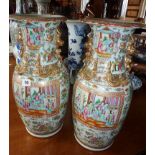 Pair of large Chinese porcelain Canton vases with figures, butterflies and applied creatures, approx
