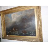 Early 19th c. marine seascape oil painting on canvas in giltwood frame, 29" x 37" overall