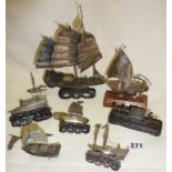 Chinese silver model junks, dhows and rickshaws, some on carved hardwood bases