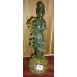 Oriental carved greenstone figure of a geisha standing on green marble base, approx 32cm high