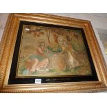 19th c. silkwork picture in gilt frame titled "The Woman of Samaria" (A/F)