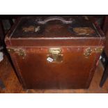 A Malles Goyard leather baggage hat cabin trunk, brass bound with maker's labels, 20" wide x 18"