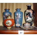 Five pieces of Meiji period Japanese cloisonne vases, etc.