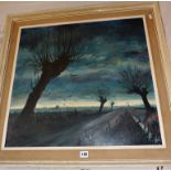 Oil on board of country lane at dusk with pollarded trees and black crows