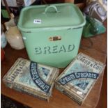 Enamel bread bin (with original paper label) and two old Jacob's cream cracker tins