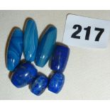 Four Tibetan natural lapis lazuli Dzi beads and three natural blue agate Dzi beads