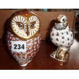 Royal Crown Derby china owl figure designed by John Ablitt and a similar song thrush (chip to beak)