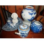 18th c. blue and white Chinese porcelain teapot, and other blue and white Chinese pieces