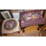 Upholstered stool with woolwork tapestry seat and a Victorian footstool