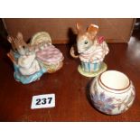 Two Beswick Beatrix Potter figures (A/F) and a Victorian china match striker marked Taylor,