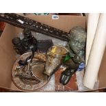 Box of assorted - old binoculars, Art Deco bronze, Eberle stirrup shaped wall pockets, etc.