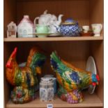 Two colourfully glazed pottery chickens & other china