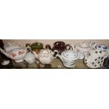 Shelf of vintage and older china teapots (10)