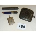 Hallmarked silver items - a chatelaine pencil holder, engraved Vesta case and a rectangular locket