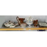 Two Victorian lustre jugs, a Portuguese tin-glazed wine jug and other items