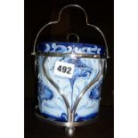 Art Nouveau Macintyre & Co Florian ware biscuit barrel with silver-plate stand and lid