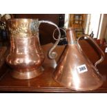 Old unusual shaped copper kettle and a Middle Eastern copper, brass and iron tankard