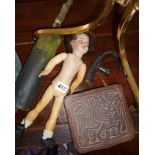 Antique French doll marked as "SFBJ", Greek leather box, antler handle of a corkscrew, etc.