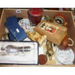 Box of assorted items inc. tinplate P.O. money box, silver-plated sugar sifter, etc.