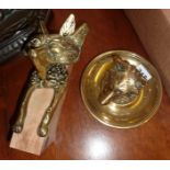 Brass fox head lidded inkwell and a large fox head door knocker