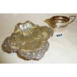 Hallmarked silver scallop shaped bon-bon dish and a silver cream jug with Chester hallmarks, approx.