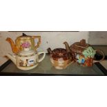 Four china teapots, Art Deco Bunnykins, and a Sundial teapot, Royal Doulton Stoneware teapot, and