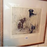 A Vernon Stokes etching of water spaniels & a labrador at work titled "Something Moved" signed in