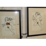 Pair of pen & inks of a Bacchanalian Adam & Eve with colour photo montage of apples, signed O'Burke