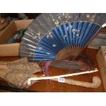 Chinese silk embroidered umbrella or parasol, another Chinese silk parasol with folding carved