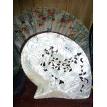 Pierced mother of pearl dish and a Chinese embroidered and painted silk and ivory fan