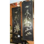 Pair of Japanese lacquer panels with mother of pearl pictures