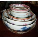 Seven various 18th c. Chinese porcelain bowls (A/F) together with a Crackle glazed bowl with warrior