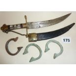 Arab type dagger with inlaid handle, and three manilla or slave copper bracelets
