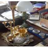 Victorian silver-backed hand mirror, various gilt brass vases etc, and an oil lamp