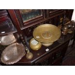 Assorted brass and copper, inc. a Cairo ware copper dish with silver inlaid decoration, Art