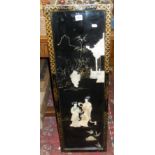 Japanese lacquer panel with mother of pearl figures of geisha girls and temples