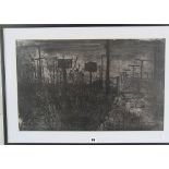 Atmospheric & evocative black & white print of the exterior of a prison camp at dusk