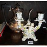 Sitzendorf porcelain cherub candleholder and a silver-plated coffee pot